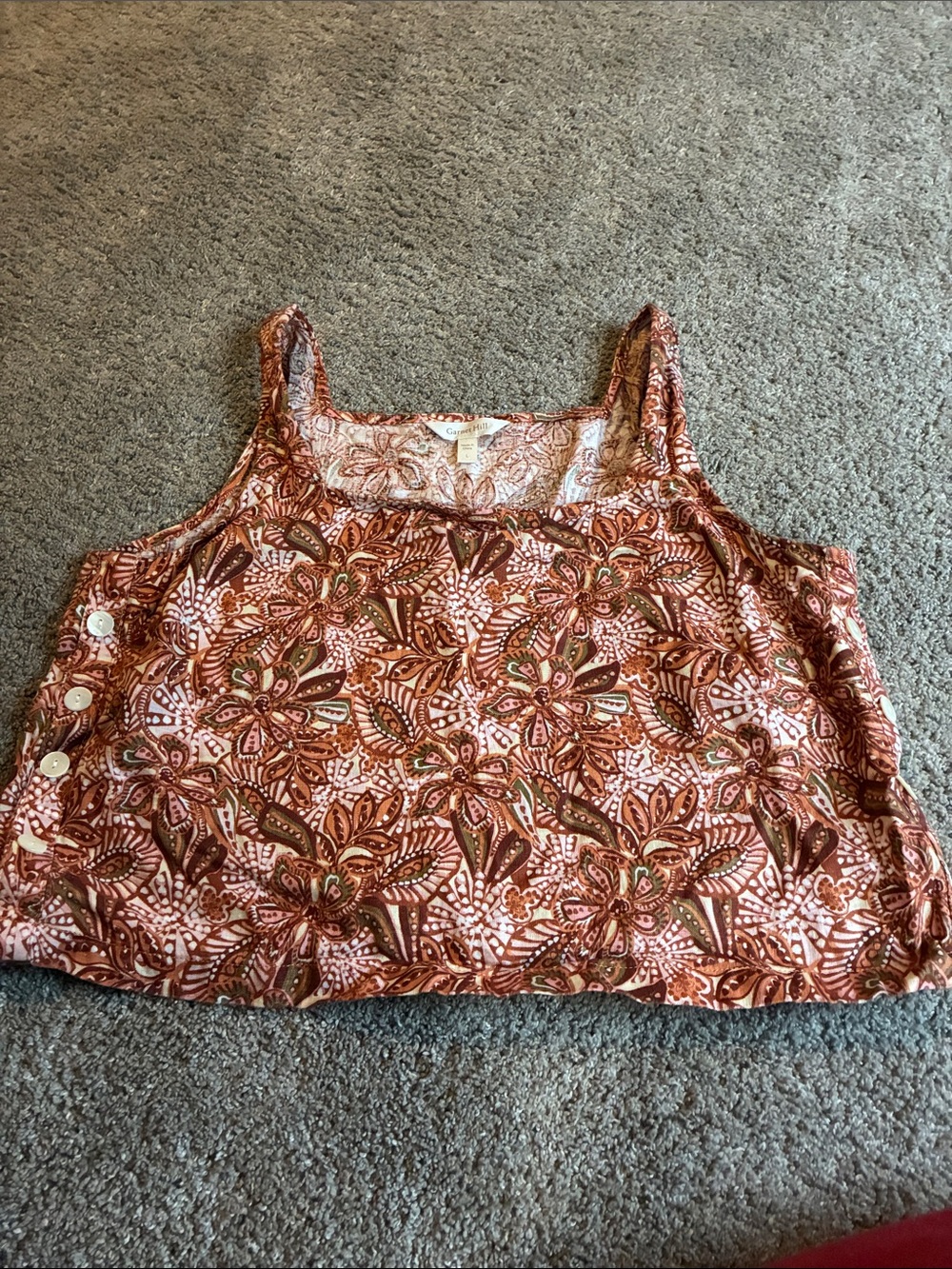 Garnet Hill Floral Print Sleeveless Crop Tank in Brown and Pink; 100% linen